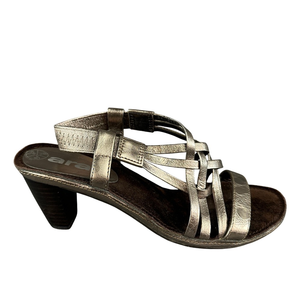 Ara Womens Metallic Pewter Leather Strappy Slingback Block Heel Sandals Size 7.5